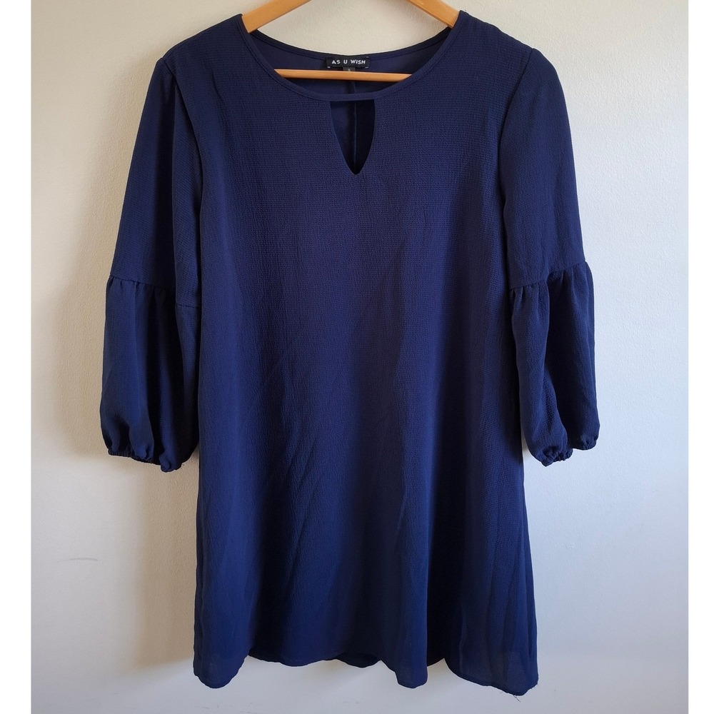 Boho Chic Navy Mini Dress Balloon Blouson Sleeve Keyhole Neckline As U Wish Sz S